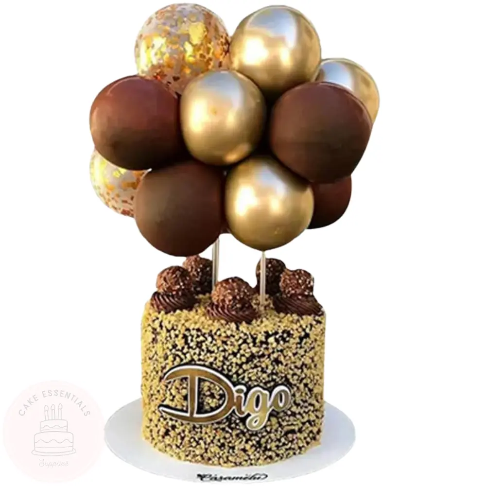 10PCS Chocolate Gold Balloon Cake Toppers with Golden Confetti: Baby Shower, Birthday, Wedding Celebration