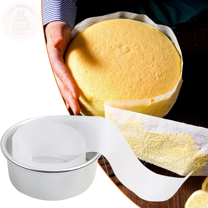 A pack of 100 non-stick parchment paper strips, perfectly sized for 8-inch round cake pans. Designed to provide clean edges and easy release for cakes.