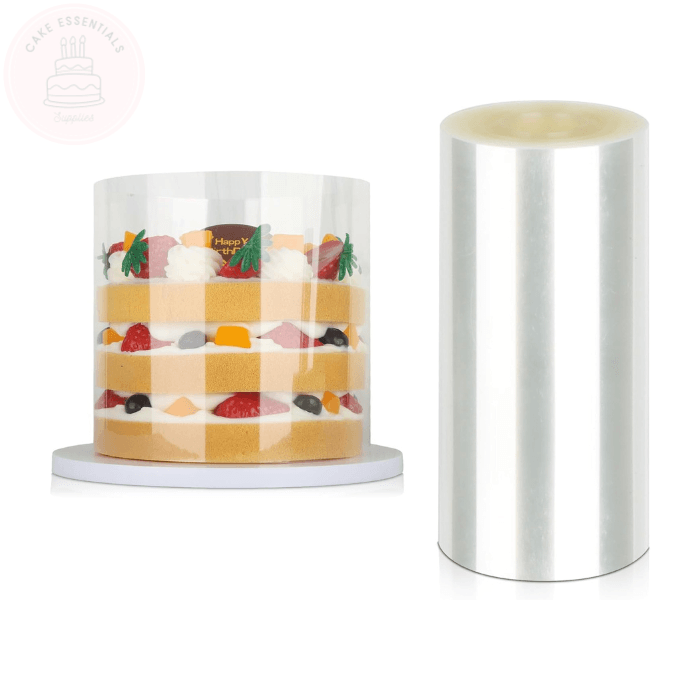 A roll of 10cm x 10m clear acetate cake collars, ideal for mousse and cake decorating. This transparent material ensures smooth edges and a professional finish for layered desserts.