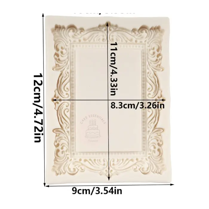 A large silicone mold featuring an intricate baroque frame design, perfect for creating vintage-style fondant cake toppers, candies, and clay crafts.