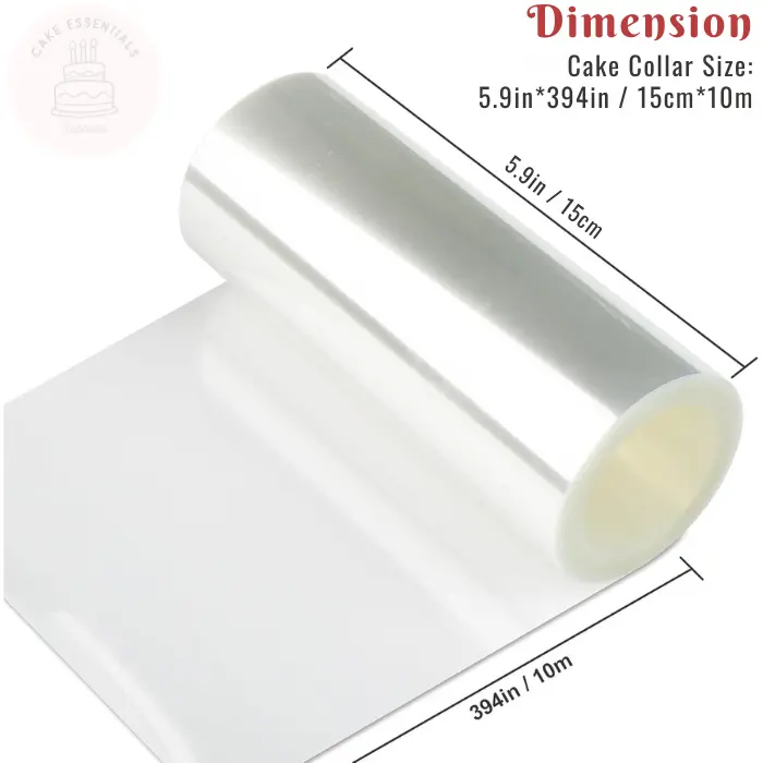 A roll of 15cm x 10m clear acetate cake collars, perfect for mousse and cake decorating. The transparent wrap helps achieve clean edges and a professional finish for layered desserts.