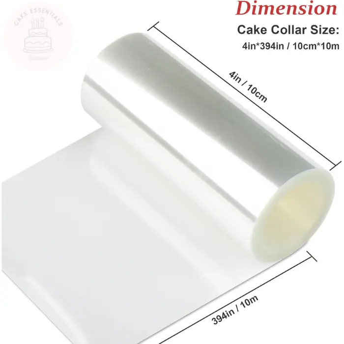 A roll of 10cm x 10m clear acetate cake collars, ideal for mousse and cake decorating. This transparent material ensures smooth edges and a professional finish for layered desserts.
