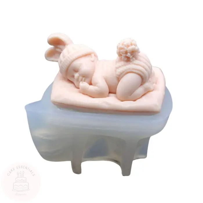 3D sleeping baby silicone mold for making soap, candles, chocolate, and craft items, ideal for baby shower decorations and DIY projects.