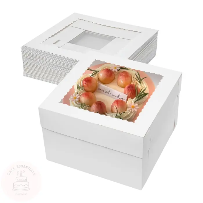 White 10x10x8 inch cake box with clear window, ideal for bakery and gift packaging.