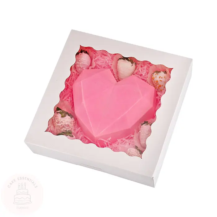 White 10x10x2.5 bakery boxes with a clear window, perfect for showcasing cakes, cookies, pies, and other baked goods.