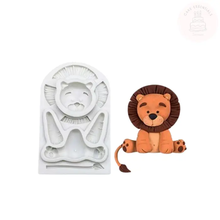 3D sitting lion silicone mold for fondant, chocolate, and craft projects, ideal for jungle-themed cake decorations.