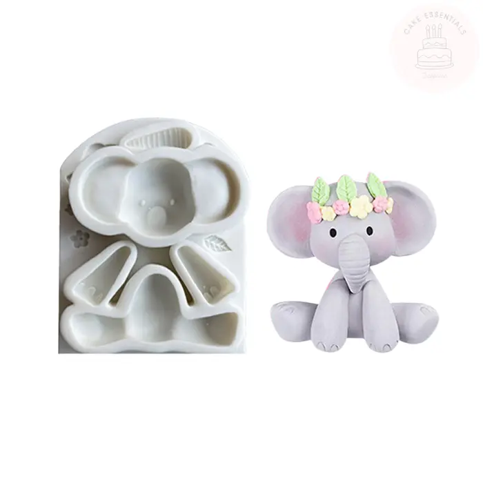 3D sitting elephant silicone mold for fondant, chocolate, and crafting, perfect for baby showers and themed cake decorations.