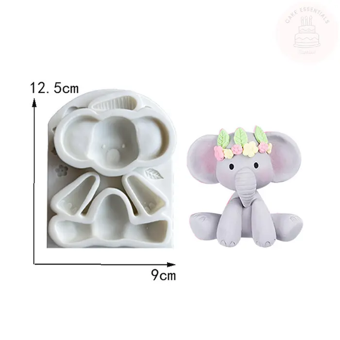 3D sitting elephant silicone mold for fondant, chocolate, and crafting, perfect for baby showers and themed cake decorations.