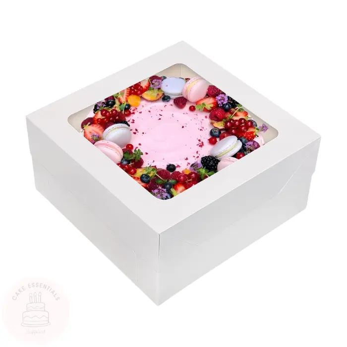 12x12x6 inch white cake boxes with clear window, ideal for transporting and showcasing tall cakes, pastries, and gifts.