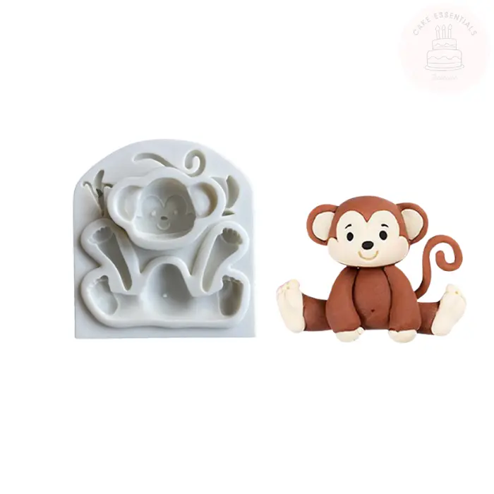 3D sitting monkey silicone mold for fondant, chocolate, and creative crafts, ideal for jungle-themed cake decorations.