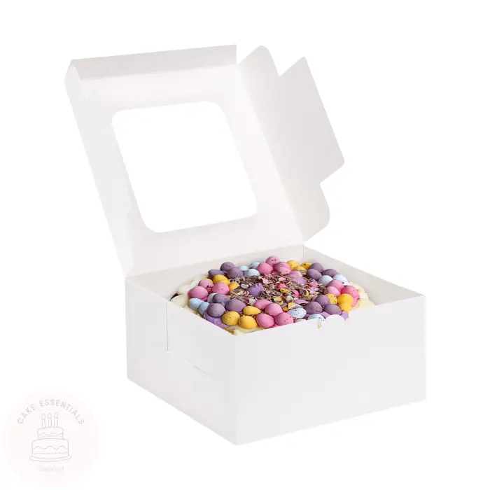 10x10x5 inch white cake boxes with a clear window, ideal for transporting tall cakes, pastries, and baked goods.
