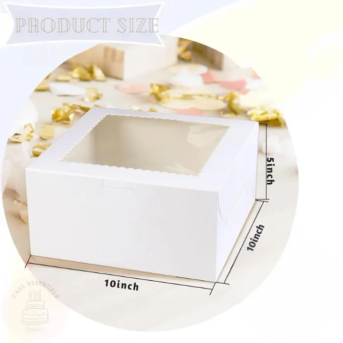 10x10x5 inch white cake boxes with a clear window, ideal for transporting tall cakes, pastries, and baked goods.
