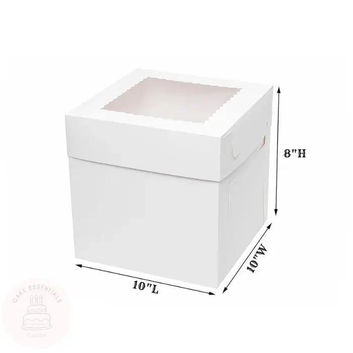 White 10x10x8 inch cake box with clear window, ideal for bakery and gift packaging.