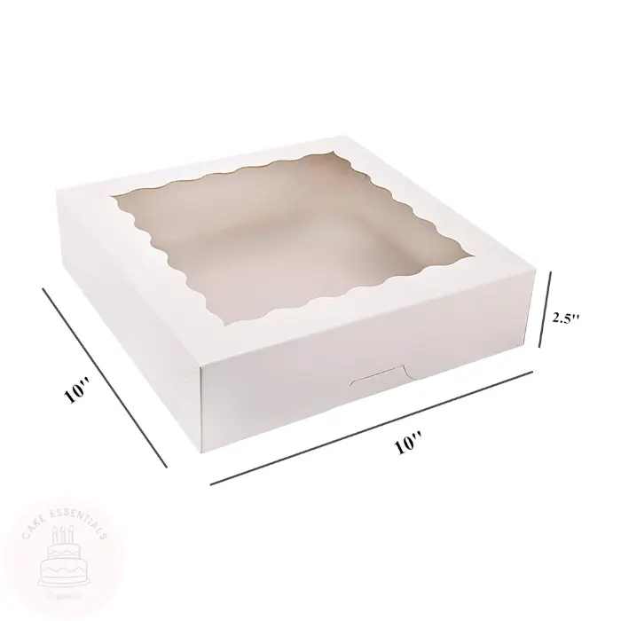 White 10x10x2.5 bakery boxes with a clear window, perfect for showcasing cakes, cookies, pies, and other baked goods.