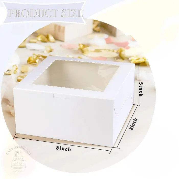8x8x5 inch white cake boxes with a clear window, perfect for packaging cakes, pastries, and desserts.