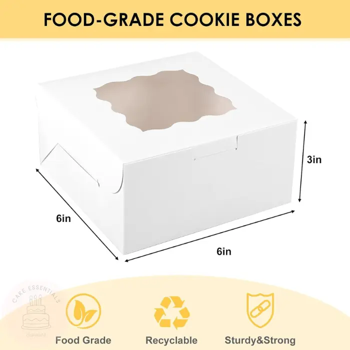 6x6x3 white bakery boxes with window, perfect for packaging cakes, cookies, pies, donuts, and pastries.