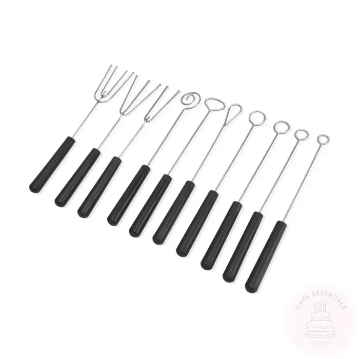 Set of 10 stainless steel chocolate dipping forks with ergonomic handles, designed for truffles, pralines, and candy-making tasks.