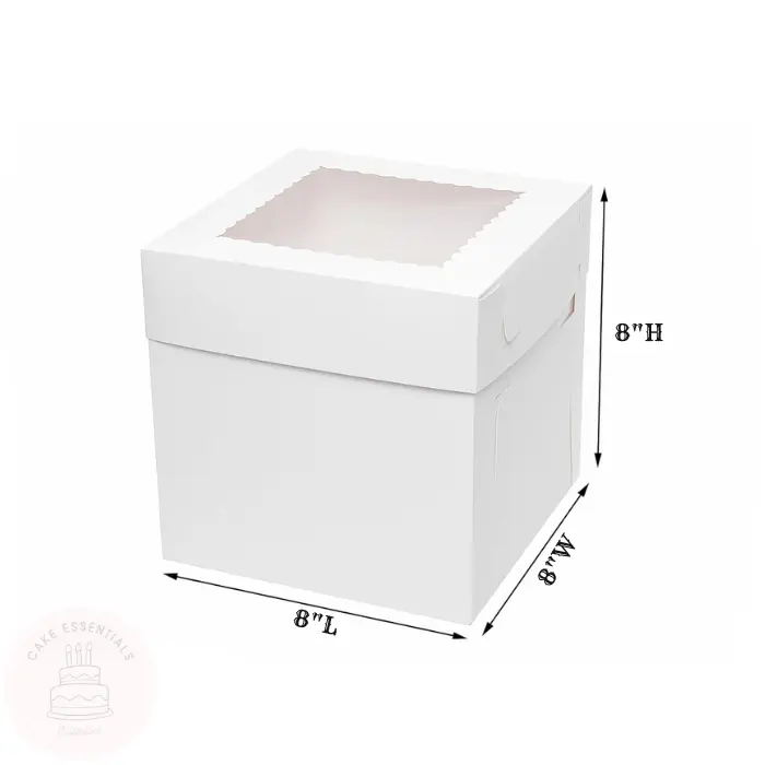 White 8x8x8 inch cake box with clear window, ideal for bakery and gift packaging.