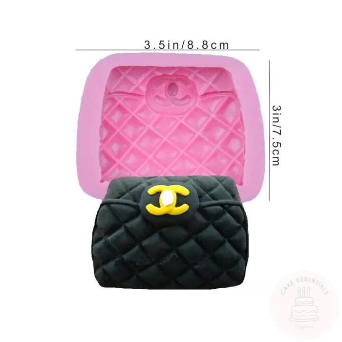 Silicone mold in the shape of a Chanel bag, ideal for creating detailed and elegant fondant and chocolate cake decorations.