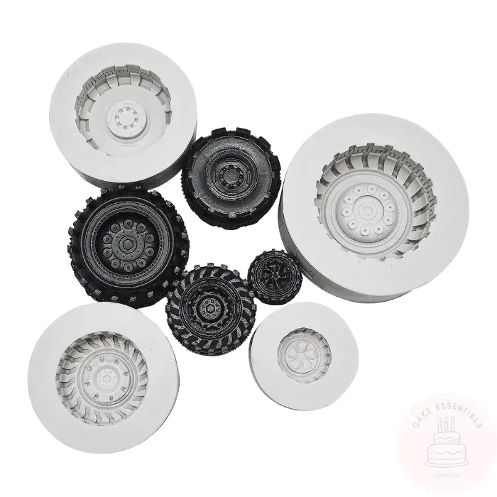 Round 3D tire silicone molds in four sizes for cake decorating, chocolate, and craft projects.
