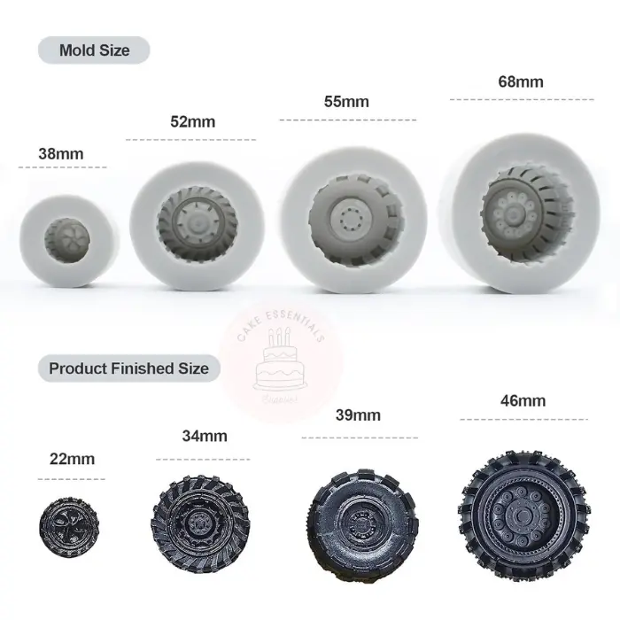 Round 3D tire silicone molds in four sizes for cake decorating, chocolate, and craft projects.