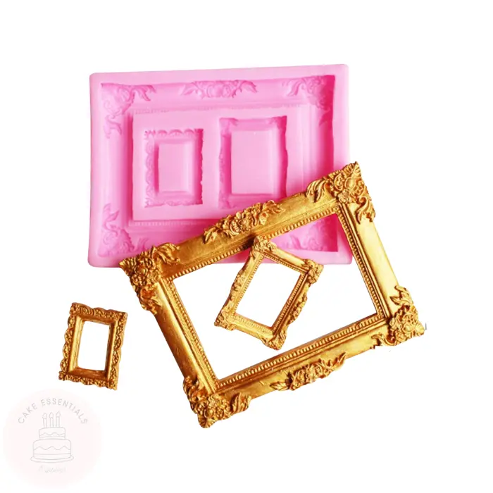 3-in-1 Baroque picture frame silicone mold for cake decorating, featuring intricate frame designs for fondant, chocolate, and more.