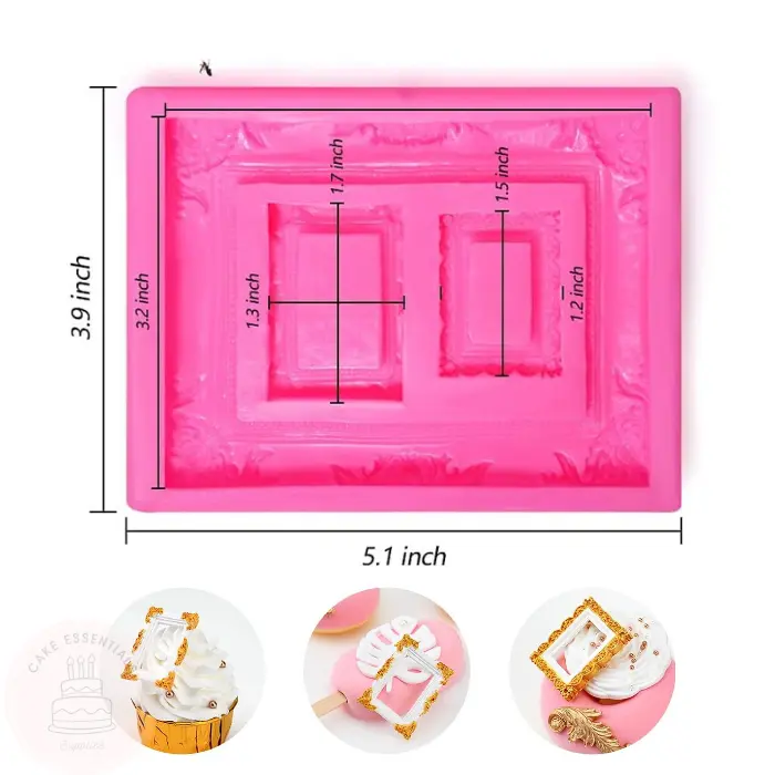 3-in-1 Baroque picture frame silicone mold for cake decorating, featuring intricate frame designs for fondant, chocolate, and more.