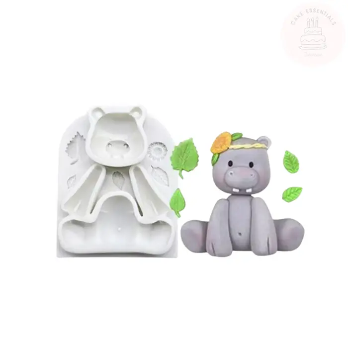 3D sitting hippopotamus silicone mold for fondant, chocolate, and crafting, perfect for jungle-themed cakes and creative projects.