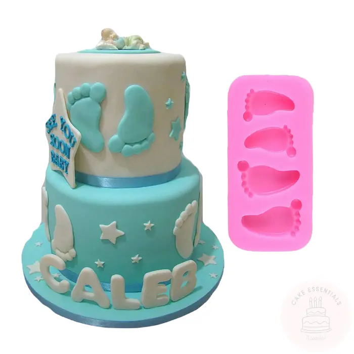 Baby footprint silicone mold for creating cake, chocolate, candy, soap, and cupcake toppers.