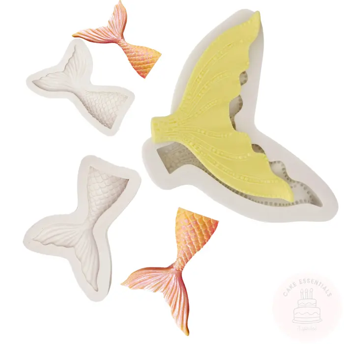Set of three mermaid tail silicone molds in various sizes, ideal for creating decorative fondant, chocolate, candy, and other edible cake decorations.