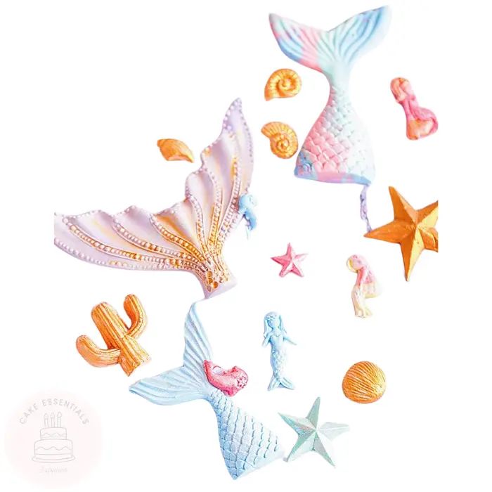 Set of three mermaid tail silicone molds in various sizes, ideal for creating decorative fondant, chocolate, candy, and other edible cake decorations.