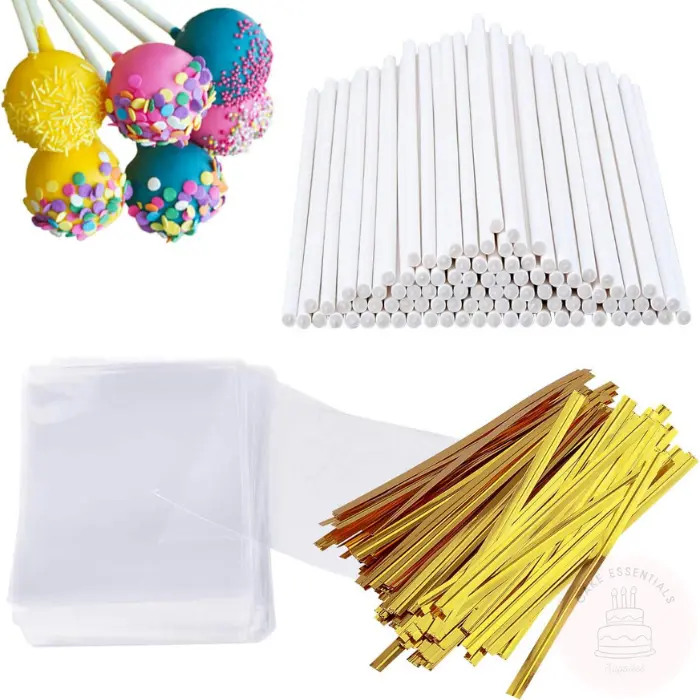 300-piece cake pop kit with 100 lollipop sticks, 100 clear treat bags, and 100 gold twist ties, ideal for making cake pops, candies, and chocolates.