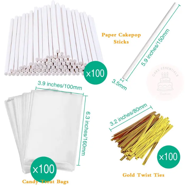 300-piece cake pop kit with 100 lollipop sticks, 100 clear treat bags, and 100 gold twist ties, ideal for making cake pops, candies, and chocolates.