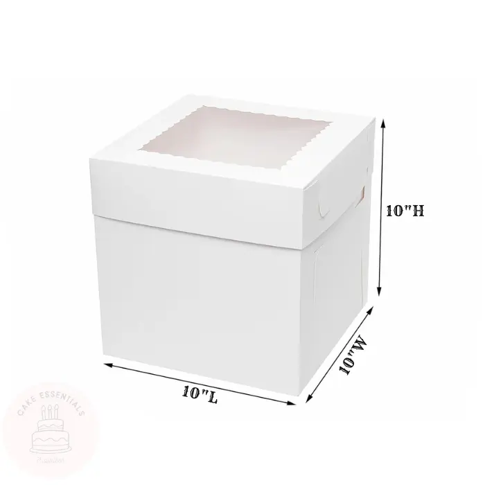 White 10x10x10 inch cake box with clear window, perfect for bakery and gift packaging.