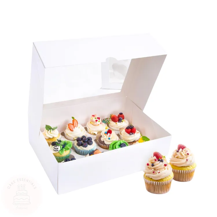 white cupcake box with clear window top 12-count cupcake container auto pop-up design open cupcake box holding colorful cupcakes stackable cupcake boxes for events or bakeries