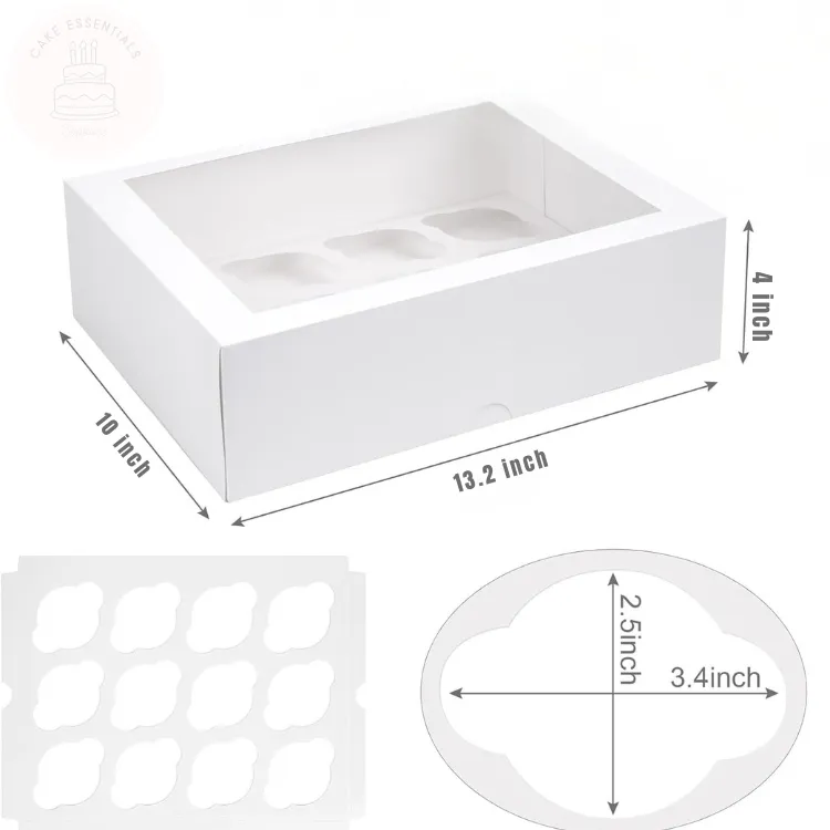 white cupcake box with clear window top 12-count cupcake container auto pop-up design open cupcake box holding colorful cupcakes stackable cupcake boxes for events or bakeries