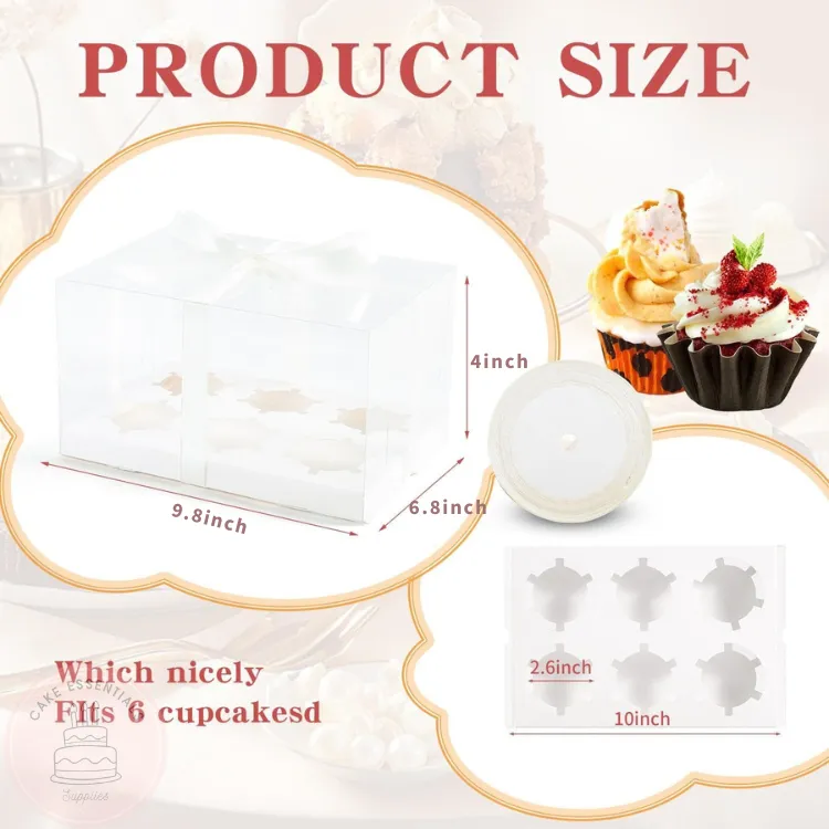 clear 6-count cupcake box with inserts plastic cupcake container with lid and gift ribbon slot transparent cupcake holder for dessert display PET cupcake box for birthday party favors