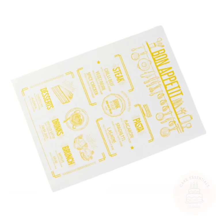 S5 printed deli wax paper – food-safe, greaseproof sheets for cakes, sandwiches, and takeaway (14x10 inch, 50 pcs)