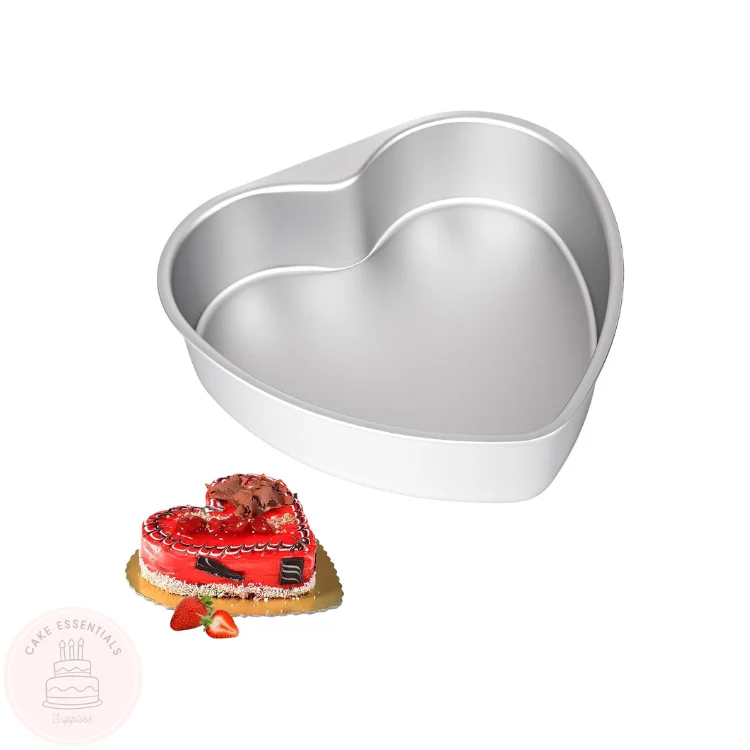8-inch heart-shaped aluminum cake pan with fixed bottom, ideal for baking cheesecakes, layered cakes, and brownies for weddings, birthdays, and special occasions.