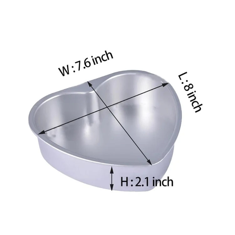 8-inch heart-shaped aluminum cake pan with fixed bottom, ideal for baking cheesecakes, layered cakes, and brownies for weddings, birthdays, and special occasions.