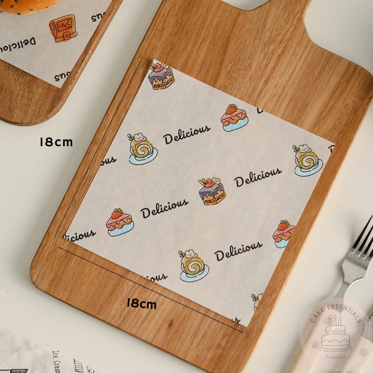 S4 printed 7x7 inch wax deli wrapping paper – greaseproof and food-safe, perfect for desserts, bento cakes, and snacks