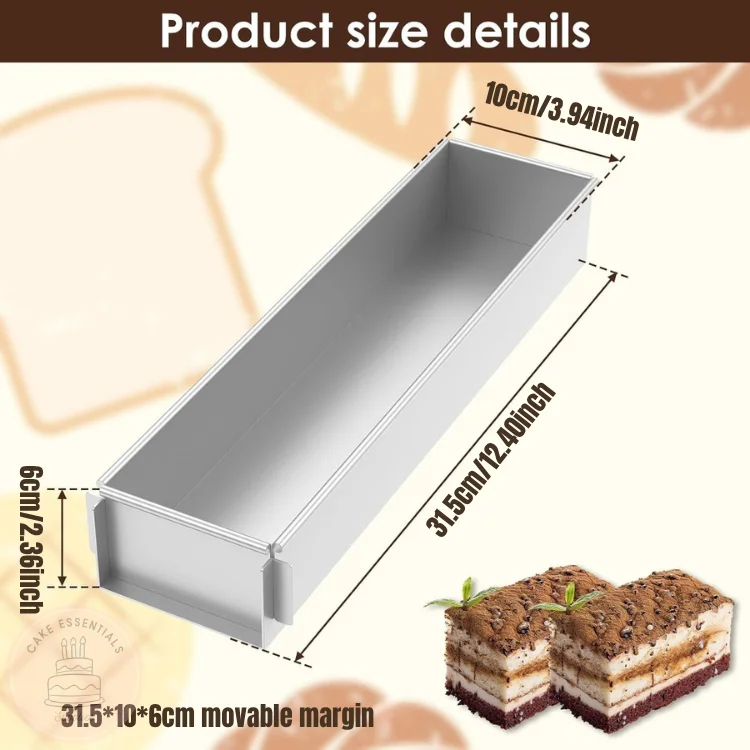 12-inch rectangular aluminum cake mold with removable side and base, ideal for baking mousse, tiramisu, cheesecake, and layered desserts