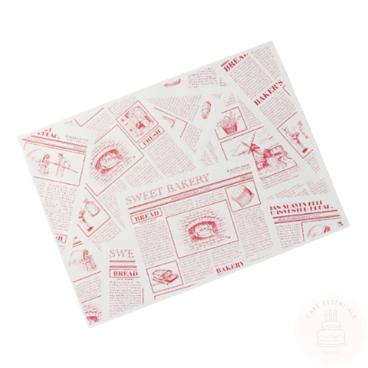 Greaseproof 14x10 inch printed wax deli paper for wrapping custom cakes, bento boxes, burgers, and fries – 50 sheet pack (S3)