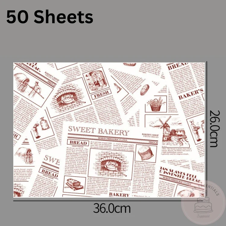 Greaseproof 14x10 inch printed wax deli paper for wrapping custom cakes, bento boxes, burgers, and fries – 50 sheet pack (S3)