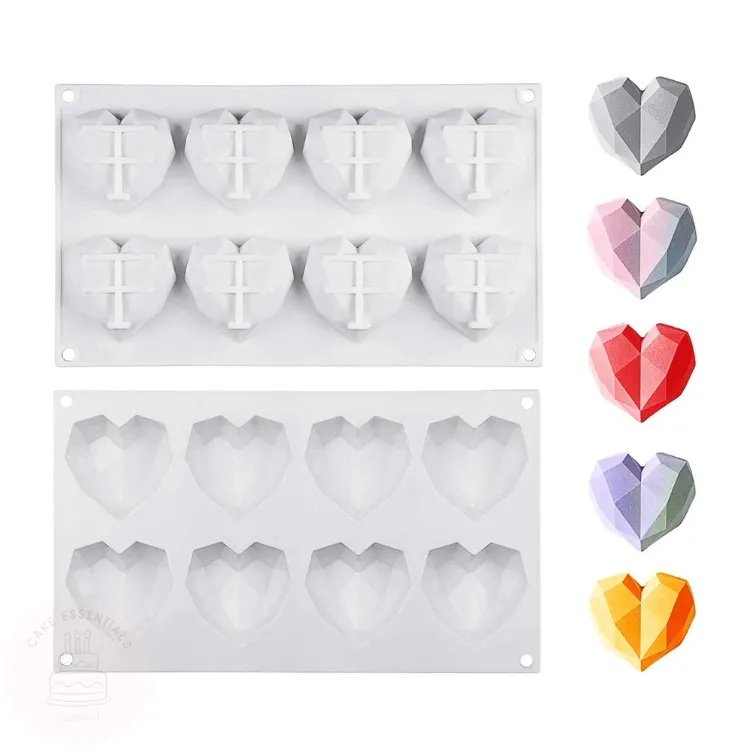 3D Diamond Love Heart Silicone Mold – 8-Cavity Heart Shape Mousse & Chocolate Mould for Dessert and Candy