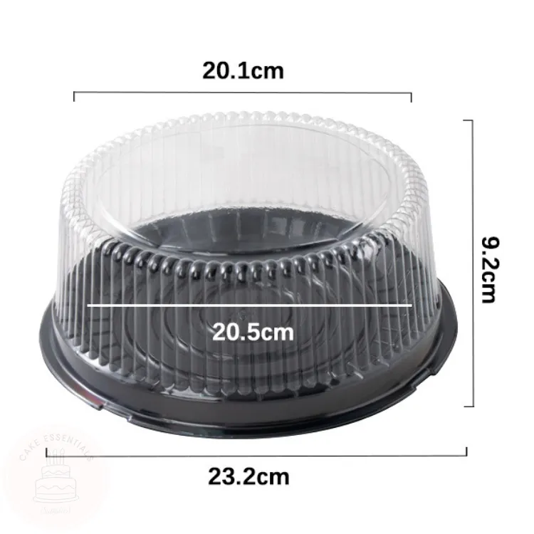 8-inch round plastic cake container with clear dome lid for cakes and desserts