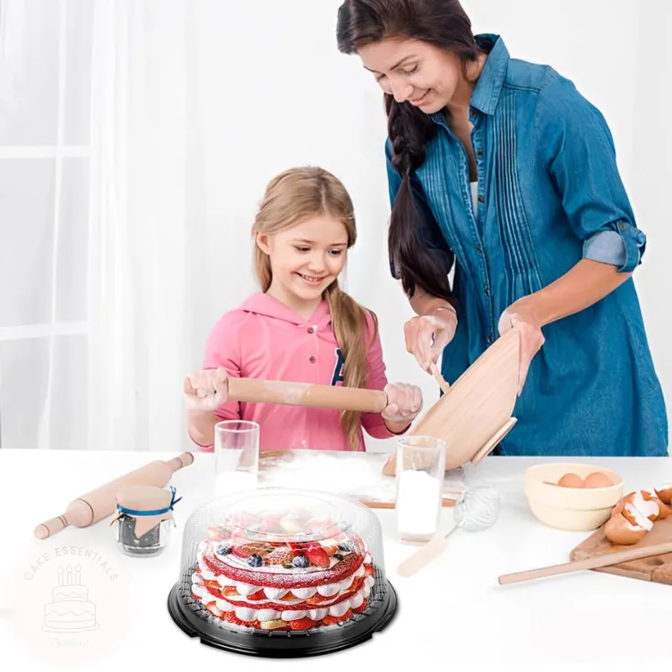 8-inch round plastic cake container with clear dome lid for cakes and desserts