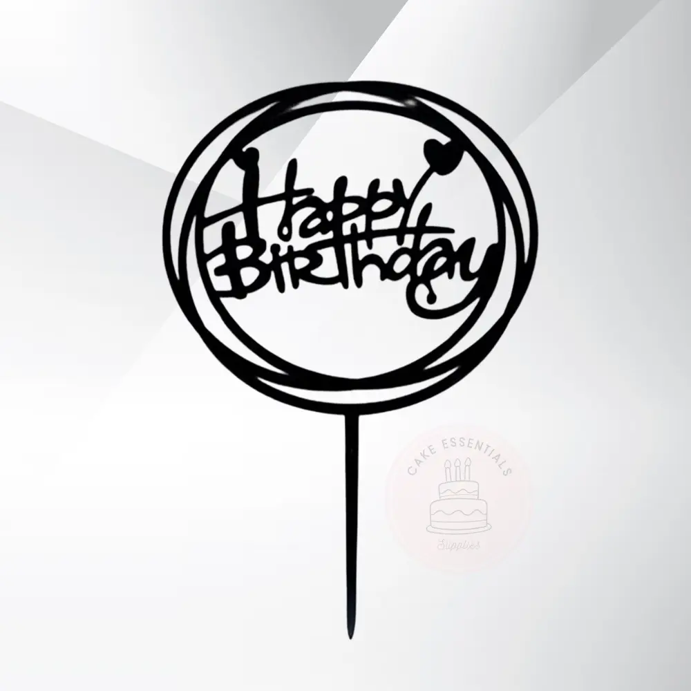 Black Round Acrylic Happy Birthday Cake Toppers with Double Heart