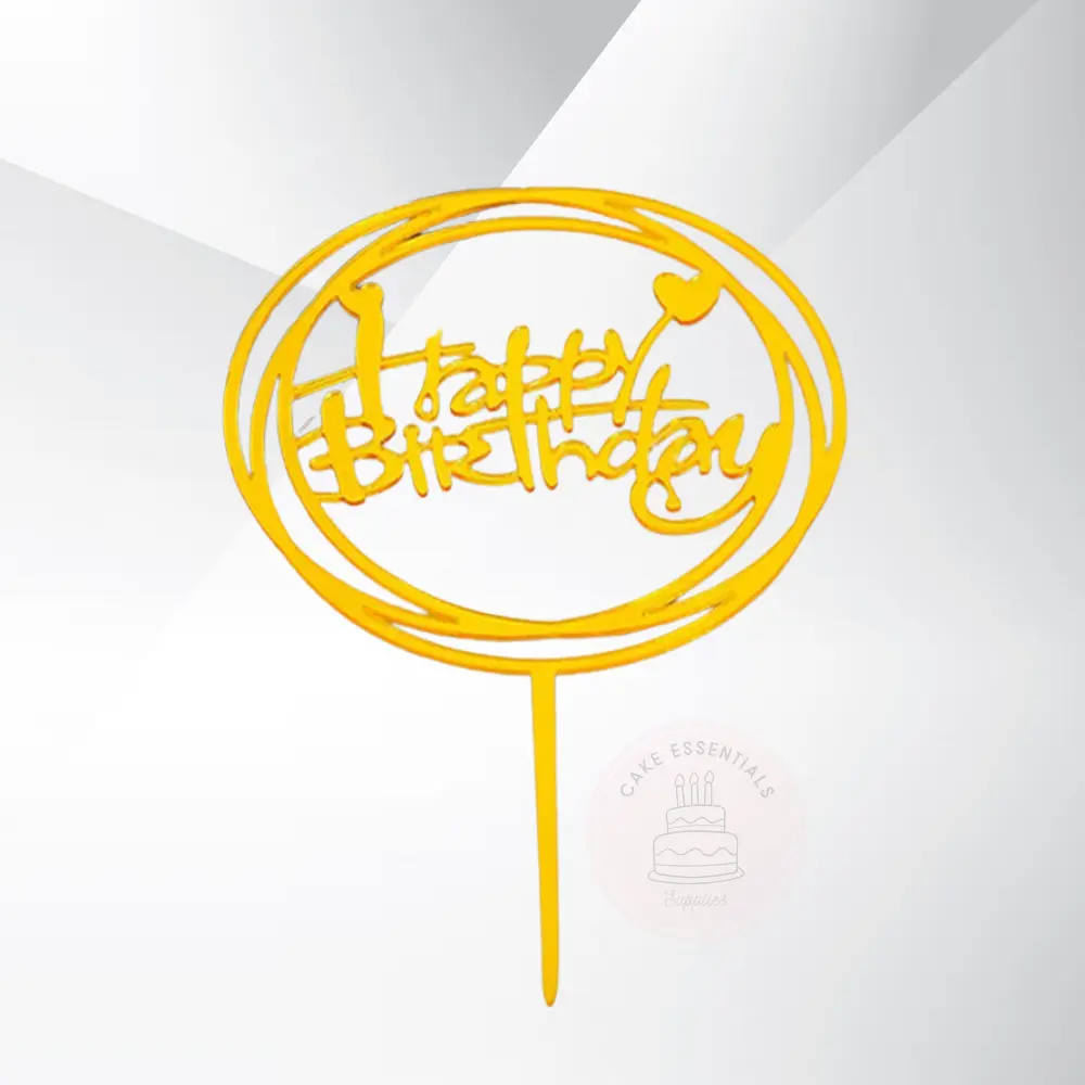 Gold Round Acrylic Happy Birthday Cake Toppers with Double Heart